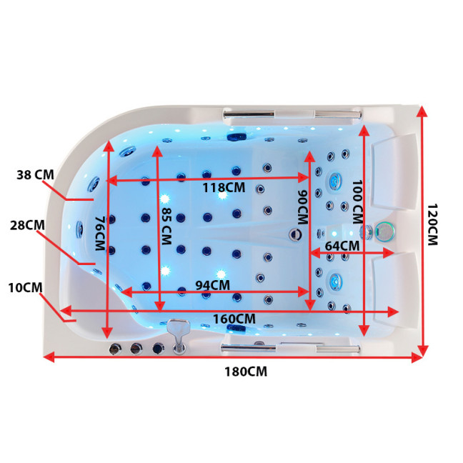Venezia 761 Duo-Lounger Hydro-Bath 180 × 120 × 75 cm left — 55-jet couple’s spa with LED chroma & ozone clean