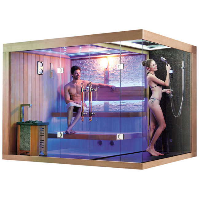 Dry sauna with HARVIA 3 kW stove + Shower cabin with hydromassage and steam function | Natural Wood | Ready to Assemble