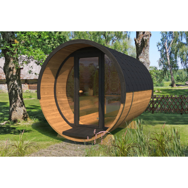 Barrel Sauna 280 Delux (Full Front Glass) Outdoor for 4 persons / Electric or Wood-Burning Heater Harvia 400
