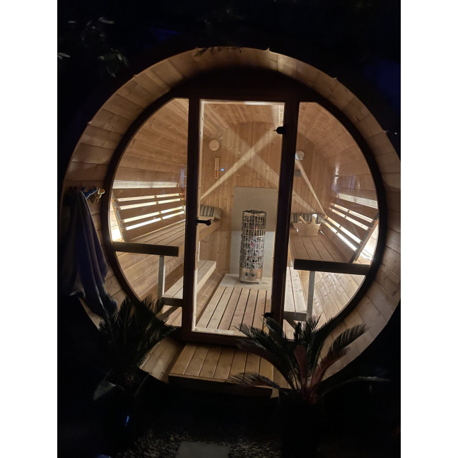 Barrel Sauna 280 Delux (Full Front Glass) Outdoor for 4 persons / Electric or Wood-Burning Heater Harvia 400