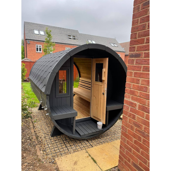 Barrel Sauna 280 Delux (Full Front Glass) Outdoor for 4 persons / Electric or Wood-Burning Heater Harvia 400