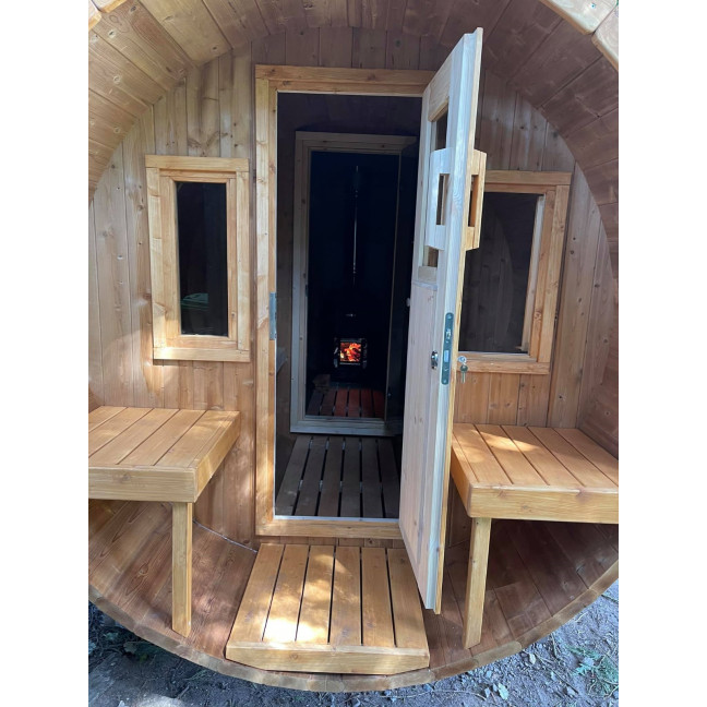 Barrel Sauna 400 Delux (Half-Moon Glass) Outdoor for 4 persons / Electric or Wood-Burning Heater Harvia 400