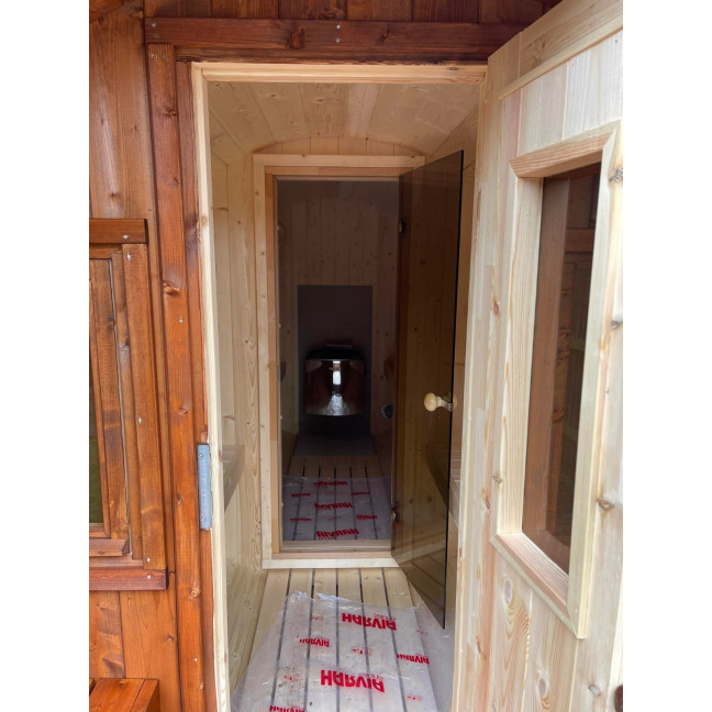 Barrel Sauna 400 Delux (Half-Moon Glass) Outdoor for 4 persons / Electric or Wood-Burning Heater Harvia 400