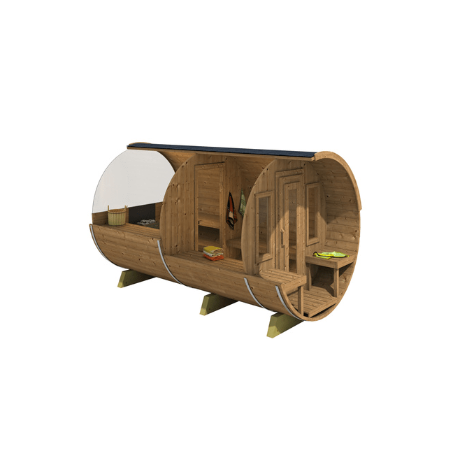 Barrel Sauna 400 Delux (Half-Moon Glass) Outdoor for 4 persons / Electric or Wood-Burning Heater Harvia 400 / High-Qualit