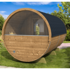 Barrel Sauna 400 Delux (Half-Moon Glass) Outdoor for 4 persons / Electric or Wood-Burning Heater Harvia 400 / High-Qualit