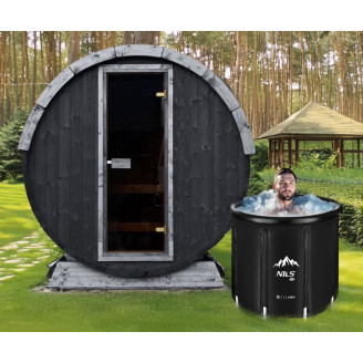Outdoor Terrace Sauna Black Easter Edition + Ice Tub / Harvia Electric Stove or WIFI Stove / High Quality Spruce (Thermowood)