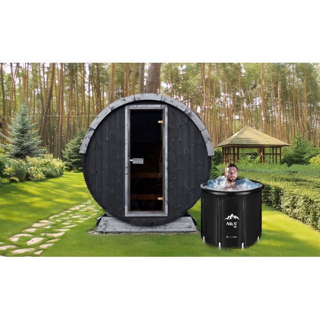 Outdoor Terrace Sauna Black Easter Edition + Ice Tub / Harvia Electric Stove or WIFI Stove / High Quality Spruce (Thermowood)