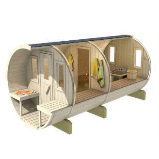 Barrel Sauna 330 with Terrace for 4 people / Electric or Wood-Burning Harvia Stove / High quality Scandinavian Spruce