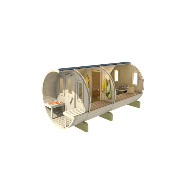 Barrel Sauna 330 with Terrace for 4 people / Electric or Wood-Burning Harvia Stove / High quality Scandinavian Spruce