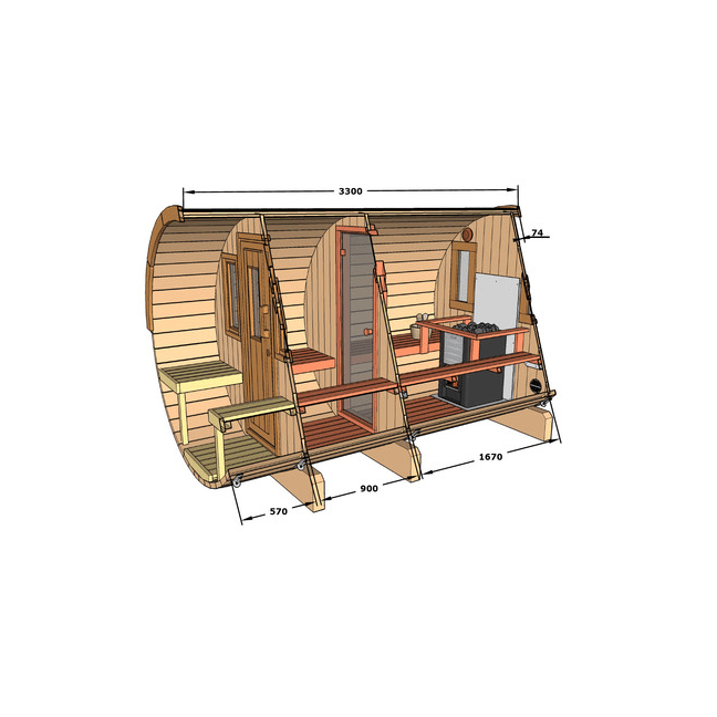Barrel Sauna 330 with Terrace for 4 people / Electric or Wood-Burning Harvia Stove / High quality Scandinavian Spruce