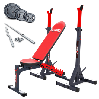 An exercise bench with a set of barbells and weights