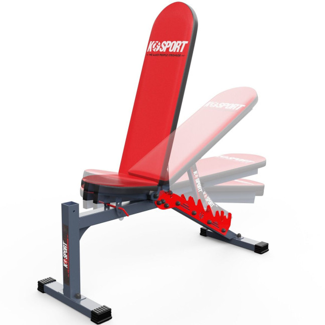 An exercise bench with a set of barbells and weights