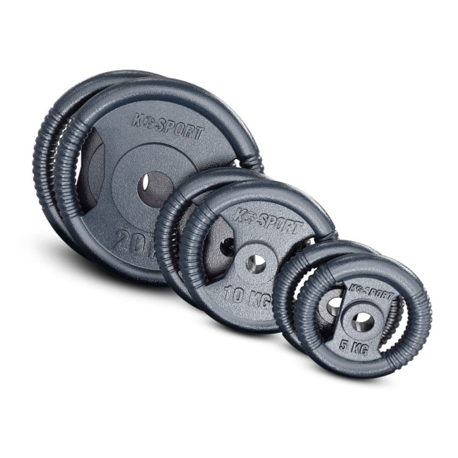 An exercise bench with a set of barbells and weights