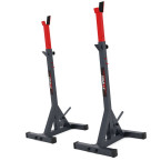 An exercise bench with a set of barbells and weights
