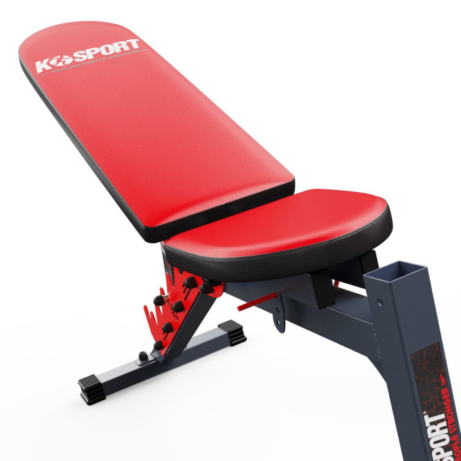 An exercise bench with a set of barbells and weights