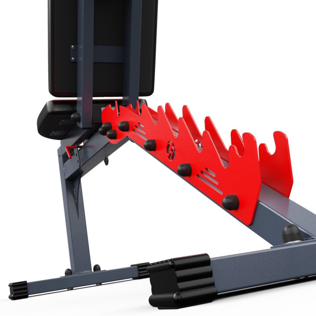 An exercise bench with a set of barbells and weights