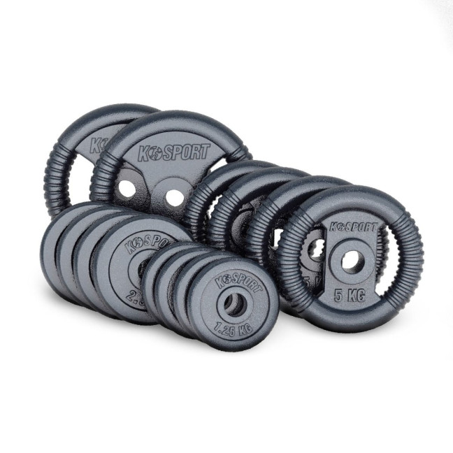 An exercise bench with a set of barbells and weights