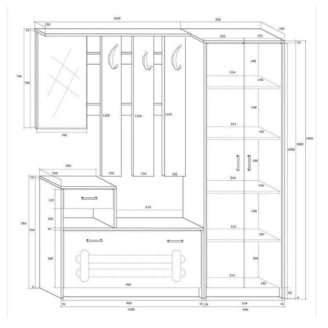 A stylish set of furniture for hall/ chest of drawers with shelves, spacious wardrobe, hanger, mirror.