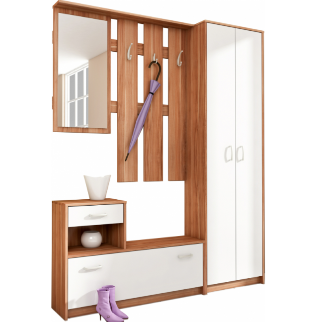 A stylish set of furniture for hall/ chest of drawers with shelves, spacious wardrobe, hanger, mirror.
